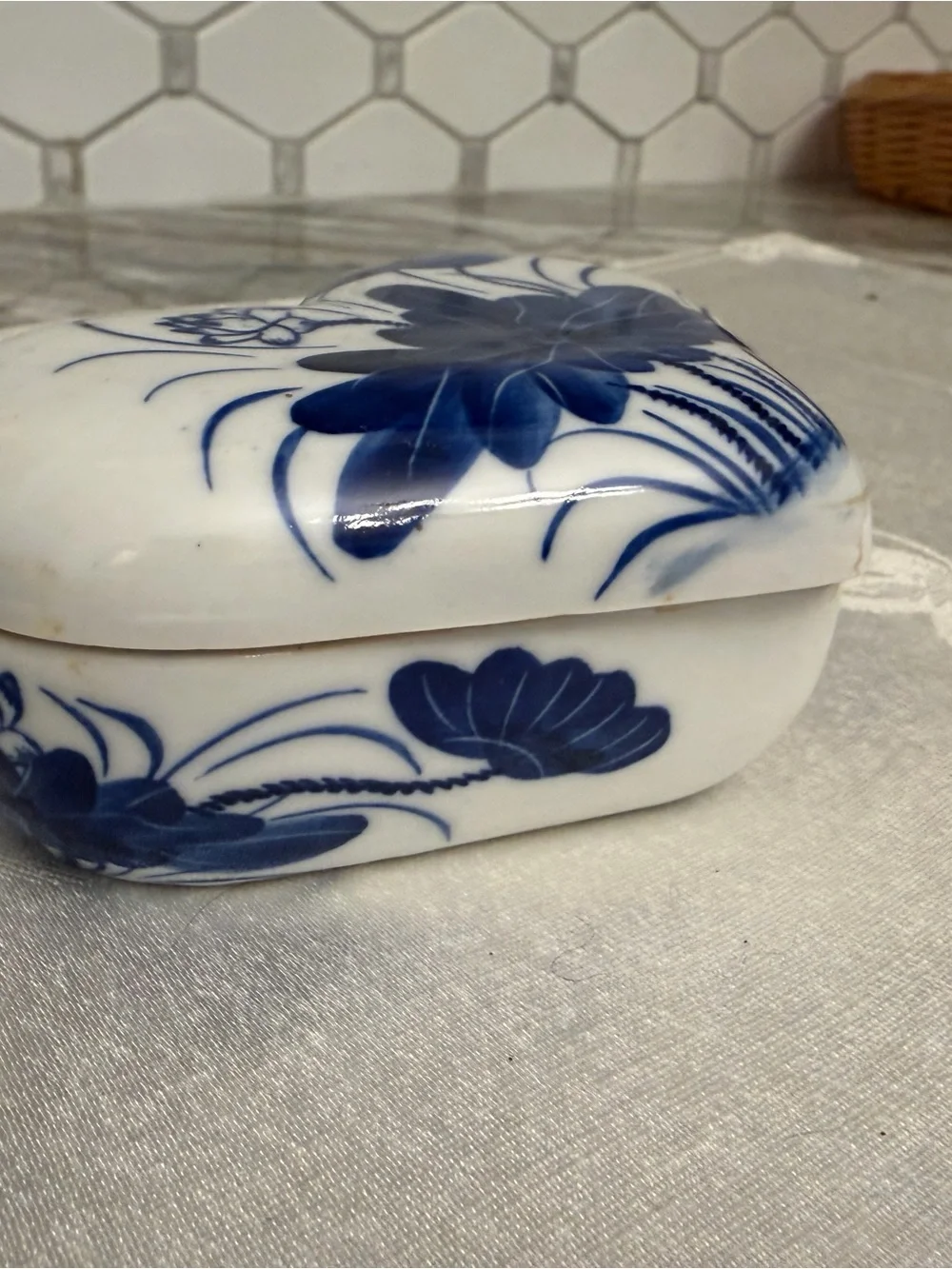 Vintage Blue and White Heart-Shaped Porcelain Trinket Box - Floral Design
